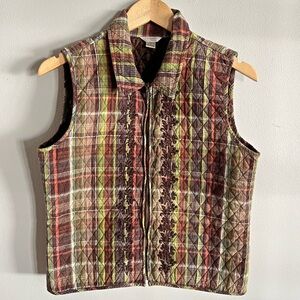 Christopher & Banks Quilted Plaid Vest Embroidered Front Brown Green Size S
